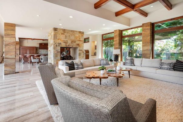 Dining room, Fireplace, Interior, Living room, Pendant Lights, Recessed Lighting, Stone Walls, Wooden Beams