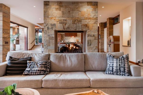 Fireplace, Interior, Living room, Recessed Lighting, Stone Walls