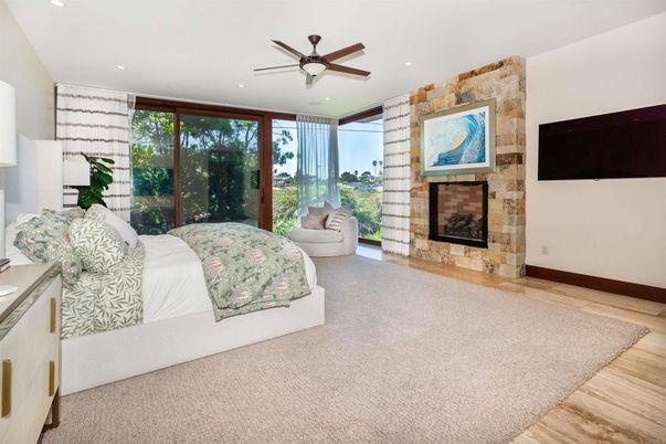Bedroom, Fireplace, Interior, Recessed Lighting, Wood Texture Flooring