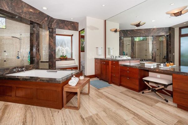 Bathroom, Dual Sink Vanities, Interior, Recessed Lighting, Wood Texture Flooring