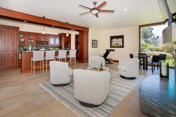 Dining room, Fitness Equipment, Interior, Kitchen, Living room, Pendant Lights, Recessed Lighting, Wood Texture Flooring