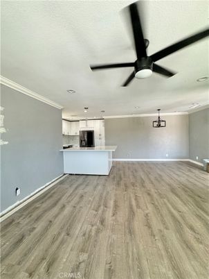 Empty room, Interior, Kitchen, Recessed Lighting, Wood Texture Flooring