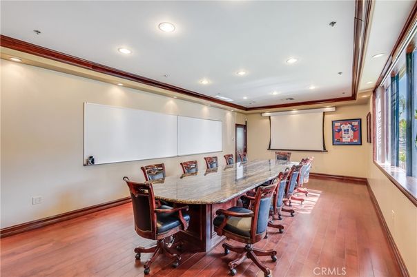 Dining room, Interior, Projection Screen, Recessed Lighting, Wood Texture Flooring
