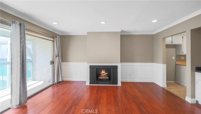 Empty room, Fireplace, Interior, Recessed Lighting, Wood Texture Flooring