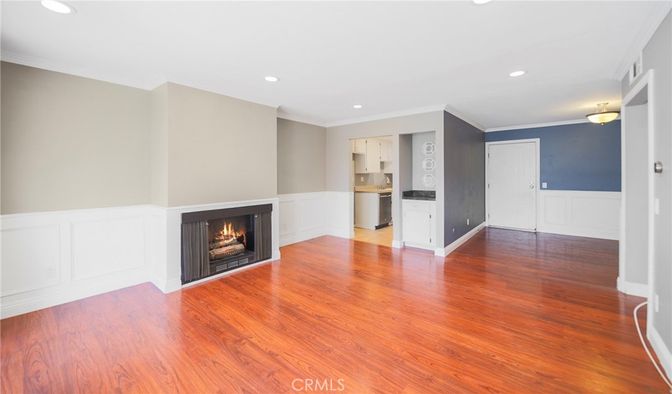 Empty room, Fireplace, Interior, Recessed Lighting, Wood Texture Flooring