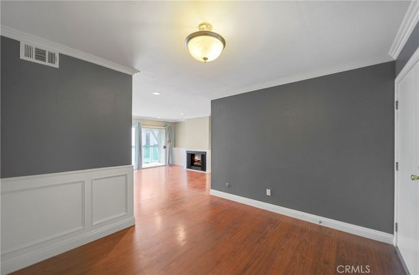 Empty room, Fireplace, Interior, Recessed Lighting, Wood Texture Flooring