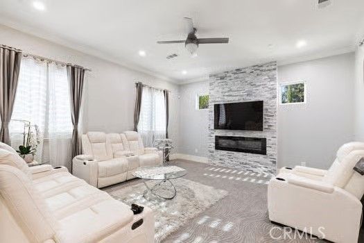 Fireplace, Interior, Living room, Recessed Lighting, Stone Walls