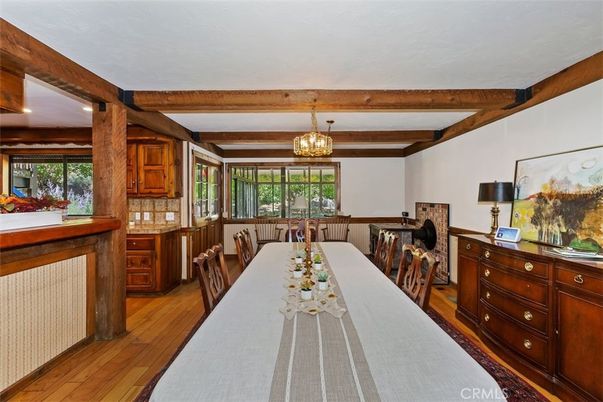 Dining room, Interior, Pendant Lights, Wooden Beams, Wood Texture Flooring