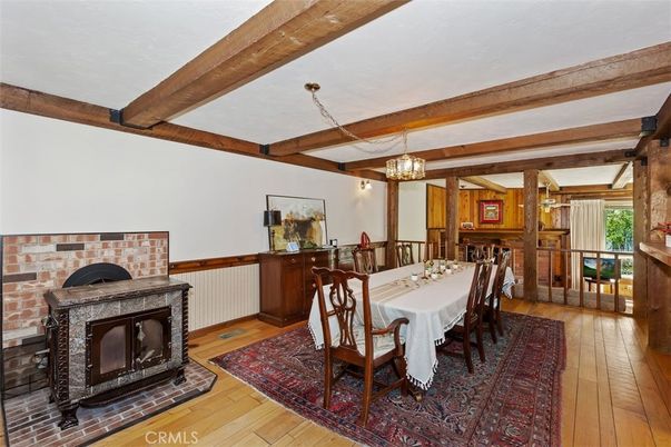 Dining room, Fireplace, Interior, Pendant Lights, Wooden Beams, Wood Texture Flooring