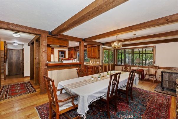 Chandelier, Dining room, Interior, Kitchen, Recessed Lighting, Wooden Beams, Wood Texture Flooring