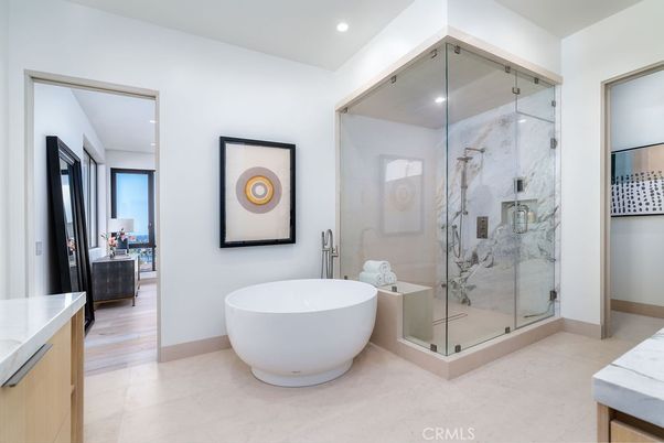 Bathroom, Free Standing Baths, Glass Shower, Interior, Marble Walls, Recessed Lighting