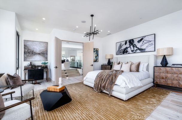 Bedroom, Interior, Pendant Lights, Recessed Lighting, Wood Texture Flooring