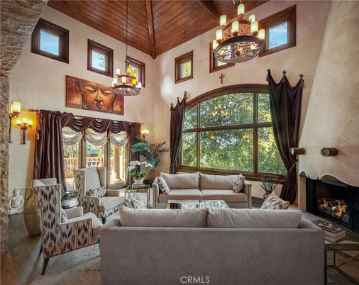 Chandelier, Fireplace, Interior, Living room, Wooden Ceilings