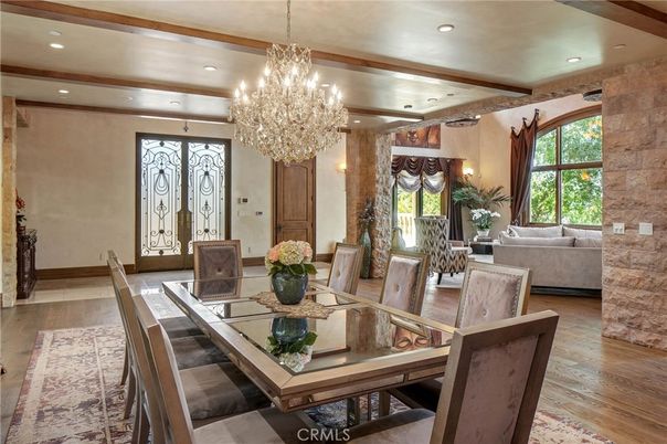 Chandelier, Dining room, Interior, Living room, Recessed Lighting, Wooden Beams, Wood Texture Flooring