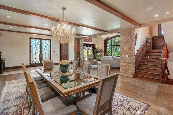 Chandelier, Dining room, Interior, Living room, Recessed Lighting, Wooden Beams, Wood Texture Flooring