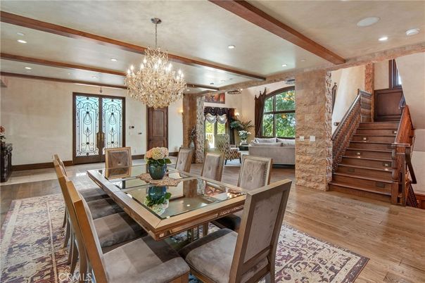 Chandelier, Dining room, Interior, Living room, Recessed Lighting, Wooden Beams, Wood Texture Flooring