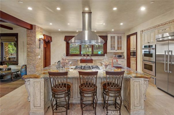 Interior, Kitchen, Recessed Lighting, Stainless Steel Appliances, Stone Walls, Wooden Beams, Wood Texture Flooring