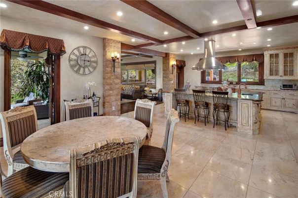 Dining room, Interior, Kitchen, Recessed Lighting, Wooden Beams
