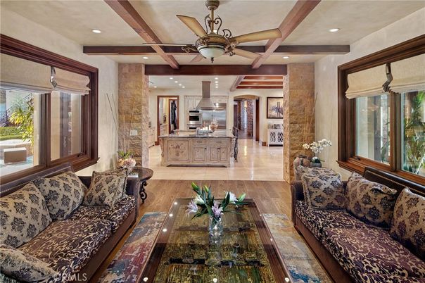 Interior, Kitchen, Living room, Recessed Lighting, Stainless Steel Appliances, Wooden Beams, Wood Texture Flooring
