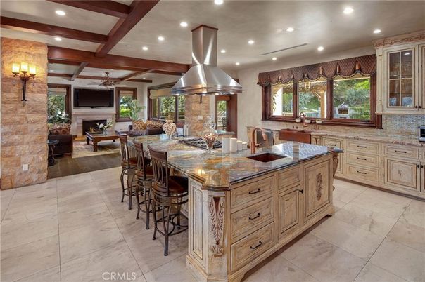 Fireplace, Interior, Kitchen, Living room, Recessed Lighting, Stainless Steel Appliances, Stone Walls, Wooden Beams, Wood Texture Flooring