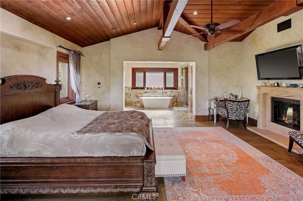 Bedroom, Fireplace, Interior, Recessed Lighting, Wooden Beams, Wooden Ceilings, Wood Texture Flooring