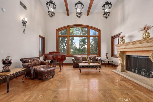 Fireplace, Interior, Living room, Pendant Lights, Piano, Wooden Beams, Wood Texture Flooring