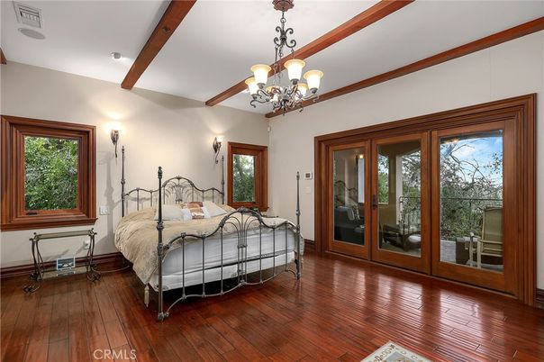 Bedroom, Chandelier, Interior, Wooden Beams, Wood Texture Flooring