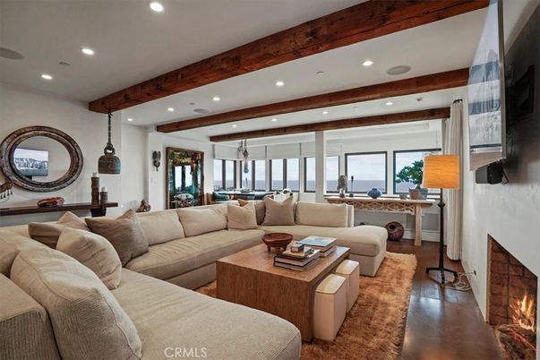 Dining room, Fireplace, Interior, Living room, Pendant Lights, Recessed Lighting, Water, Wooden Beams