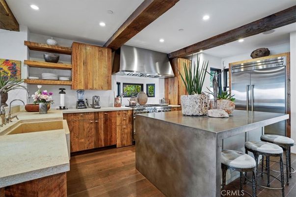 Interior, Kitchen, Recessed Lighting, Stainless Steel Appliances, Wooden Beams, Wood Texture Flooring