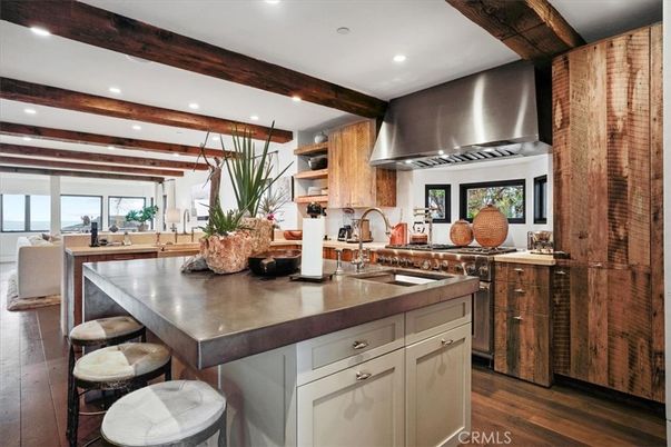 Interior, Kitchen, Living room, Recessed Lighting, Stainless Steel Appliances, Wooden Beams, Wood Texture Flooring
