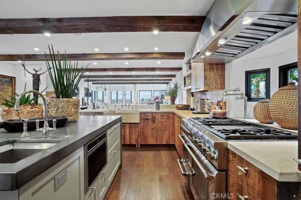 Interior, Kitchen, Recessed Lighting, Stainless Steel Appliances, Wooden Beams, Wood Texture Flooring