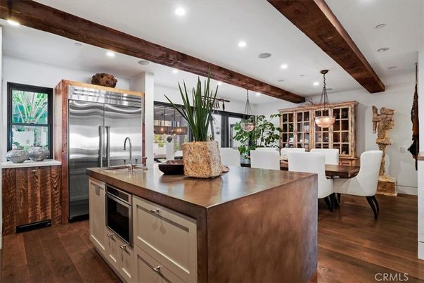 Dining room, Interior, Kitchen, Pendant Lights, Recessed Lighting, Stainless Steel Appliances, Wooden Beams, Wood Texture Flooring