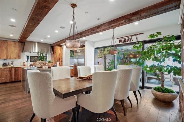 Dining room, Interior, Kitchen, Pendant Lights, Recessed Lighting, Stainless Steel Appliances, Wooden Beams, Wood Texture Flooring