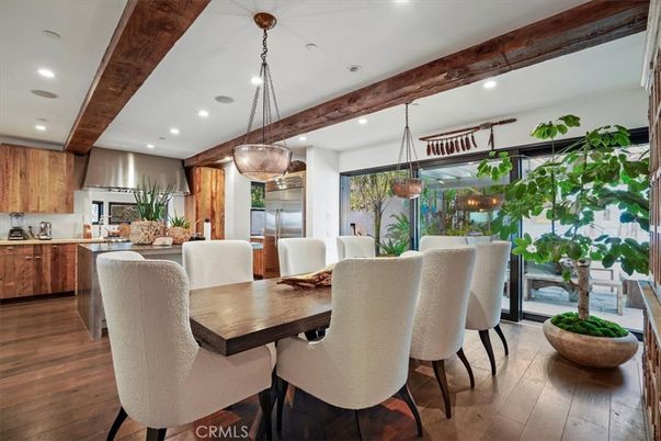 Dining room, Interior, Kitchen, Pendant Lights, Recessed Lighting, Stainless Steel Appliances, Wooden Beams, Wood Texture Flooring
