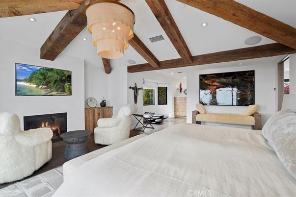 Bedroom, Fireplace, Interior, Recessed Lighting, Wooden Beams