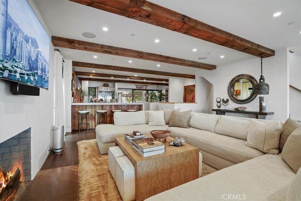 Fireplace, Interior, Living room, Pendant Lights, Recessed Lighting, Wooden Beams, Wood Texture Flooring