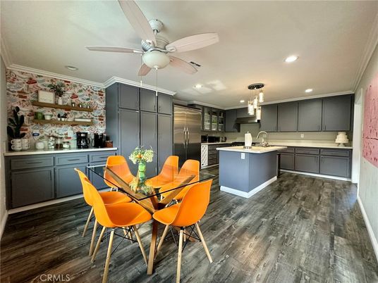 Dining room, Interior, Kitchen, Pendant Lights, Recessed Lighting, Stainless Steel Appliances, Wood Texture Flooring