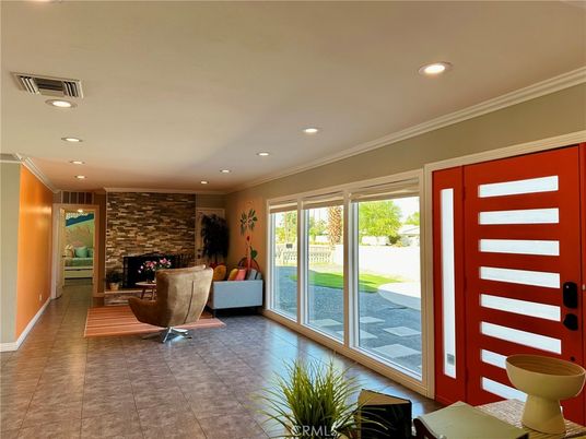 Fireplace, Interior, Living room, Recessed Lighting, Stone Walls