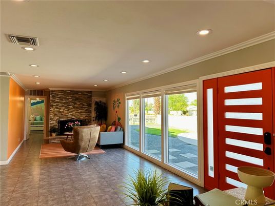 Fireplace, Interior, Living room, Recessed Lighting, Stone Walls