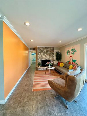 Fireplace, Interior, Living room, Recessed Lighting, Stone Walls