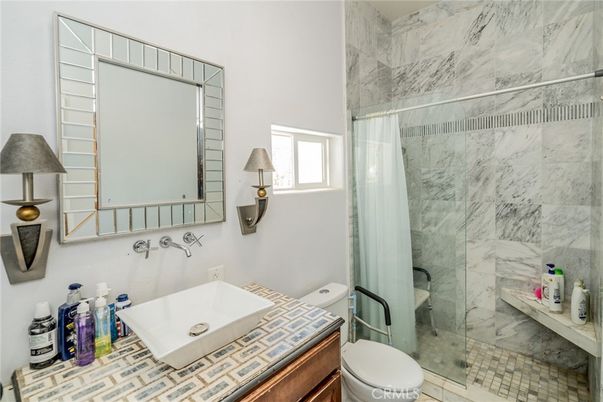 Bathroom, Glass Shower, Interior, Marble Walls, Tile Countertops