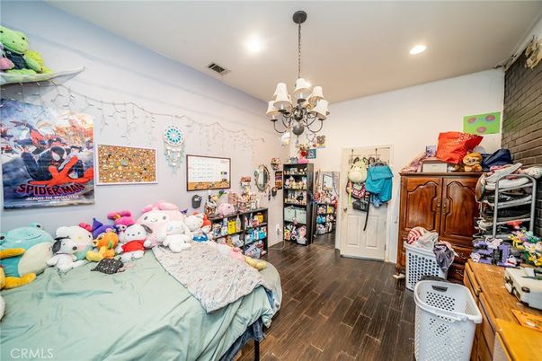 Bedroom, Chandelier, Interior, Recessed Lighting, Wood Texture Flooring