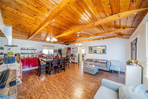 Dining room, Interior, Living room, Pendant Lights, Wooden Beams, Wooden Ceilings, Wood Texture Flooring