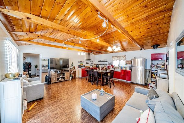 Dining room, Interior, Kitchen, Living room, Pendant Lights, Stainless Steel Appliances, Wooden Beams, Wooden Ceilings, Wood Texture Flooring