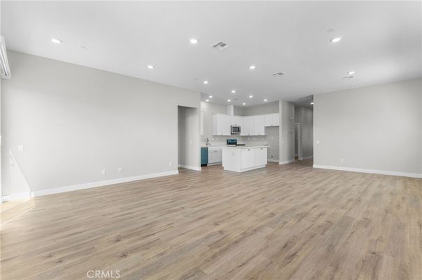 Empty room, Interior, Kitchen, Recessed Lighting, Wood Texture Flooring