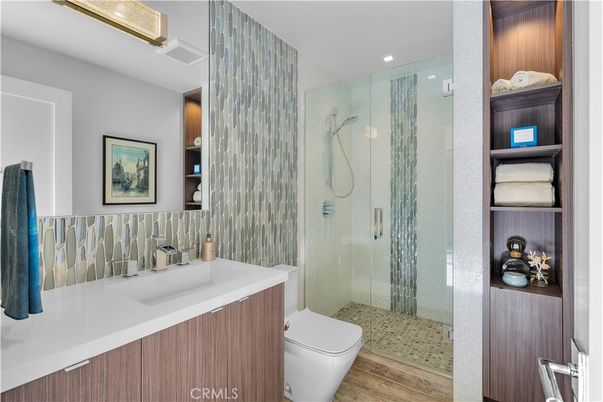 Bathroom, Glass Shower, Interior, Recessed Lighting, Wood Texture Flooring