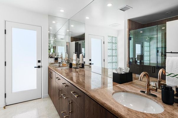 Bathroom, Dual Sink Vanities, Glass Shower, Interior, Recessed Lighting