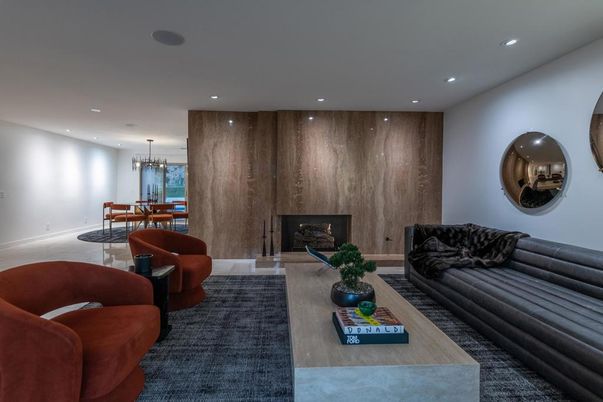 Chandelier, Dining room, Fireplace, Interior, Living room, Recessed Lighting