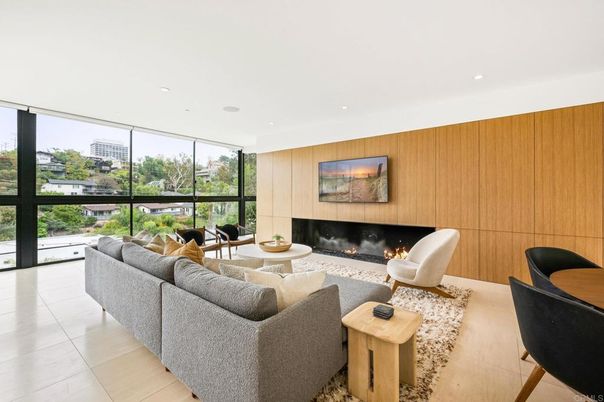 Fireplace, Interior, Living room, Recessed Lighting, Wooden Walls