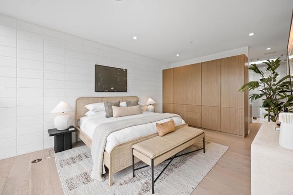 Bedroom, Interior, Recessed Lighting, Wood Texture Flooring